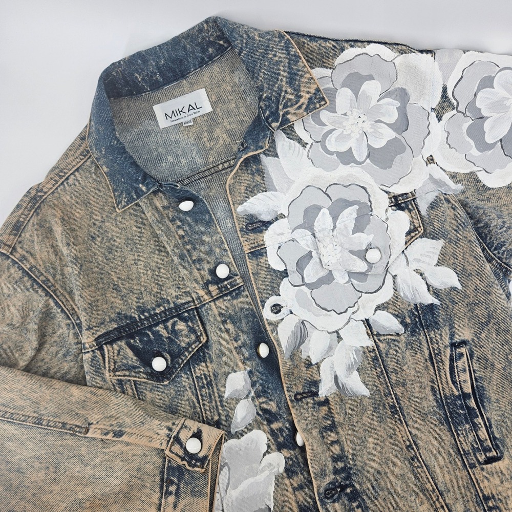 Mikal Boca Raton Women Large Denim Jacket Hand Painted Floral Skull Western Boho